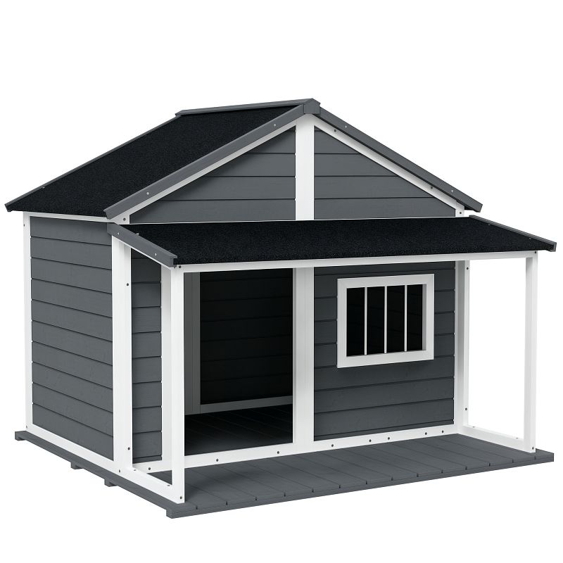 PawHut Hundehütte Outdoor-Hundehütte inkl. Veranda, wetterbeständig, 124 x 112 x 105 cm, Grau + Weiß, D02-100V01GY