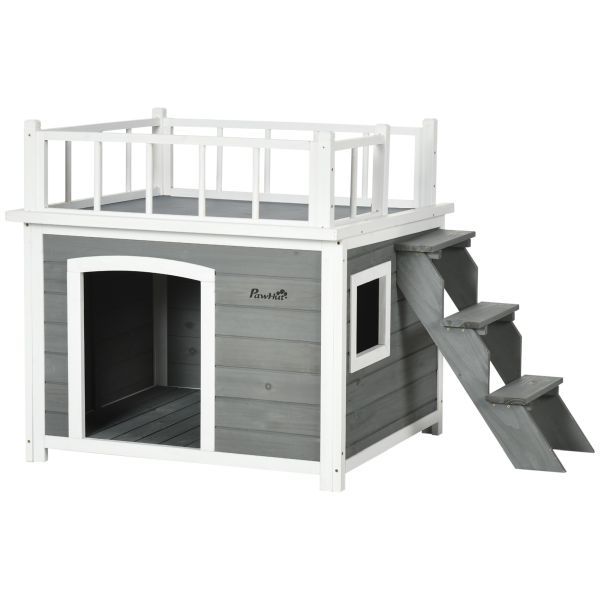 PawHut Hundehütte Hundehaus mit Balkon Erhöhtes Kleintierhaus mit Treppe Fenster, D02-145V00LG